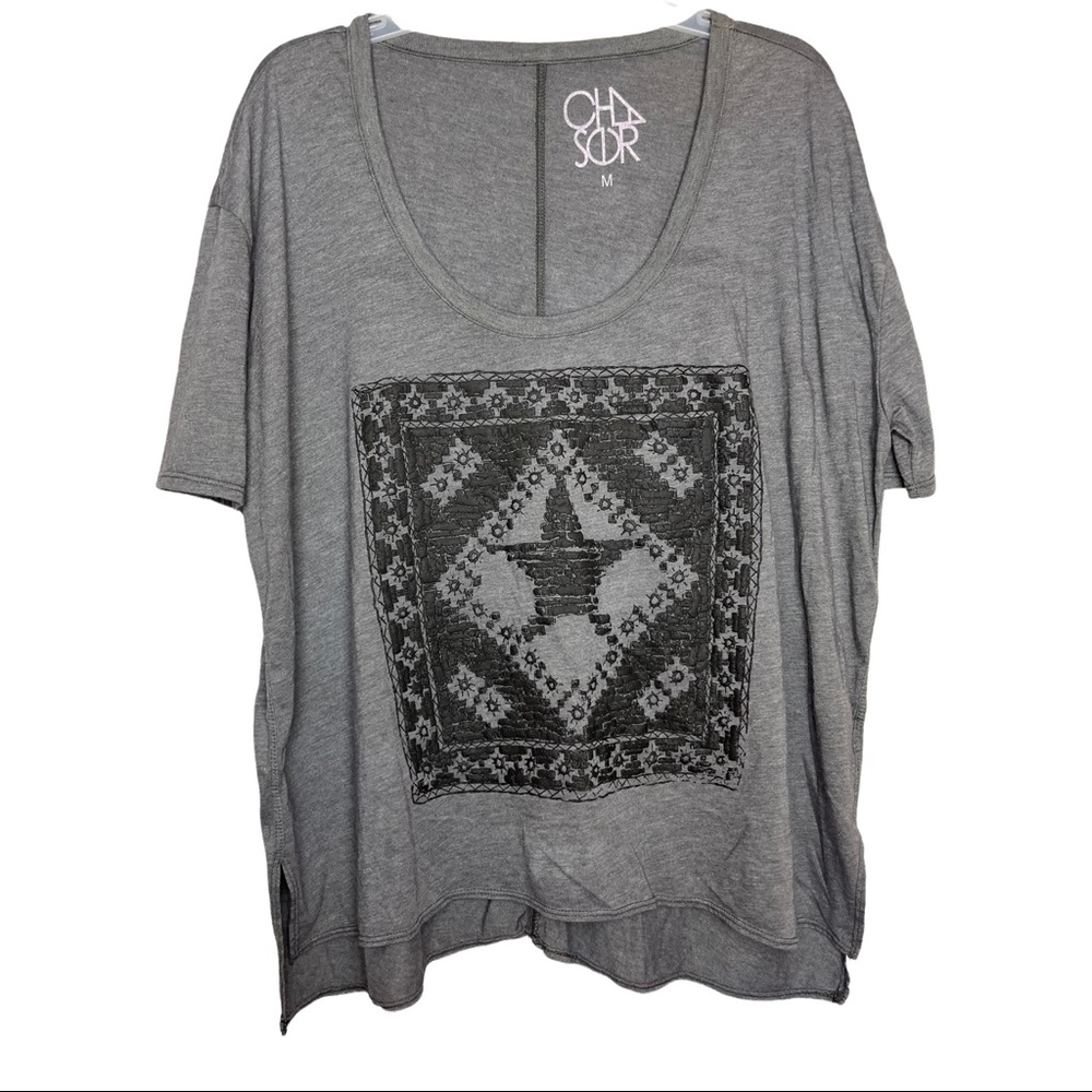 Chaser Medium Grey Black Star Oversized Top Blouse NWOT